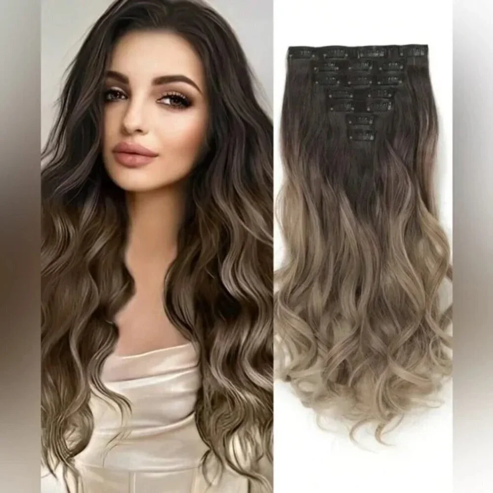 22 Inch Balayage Brown & Blonde Clip in Curly Hair Extensions - human hair blend